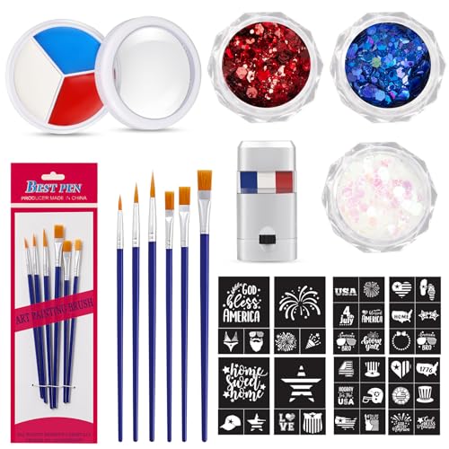 19 Pcs Red White Blue Face Paint Kit Patriotic Stripe Fan Brush Stick 3 Color Face Glitter Powder Stencil Stickers with Makeup Brush Independence Day Face Painting Kit for Memorial Day Party Favors