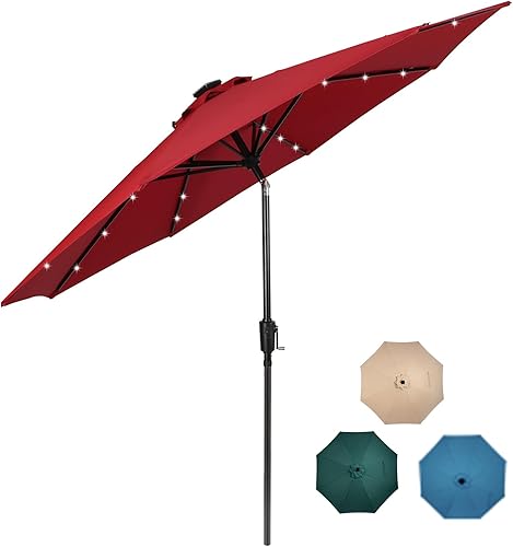 Sombrilla solar de 9 pies con 32 luces LED para patio con 8 varillas, inclinación y manivela, sombrilla de mesa de mercado para jardín, terraza, disponible en Yaxa Peru