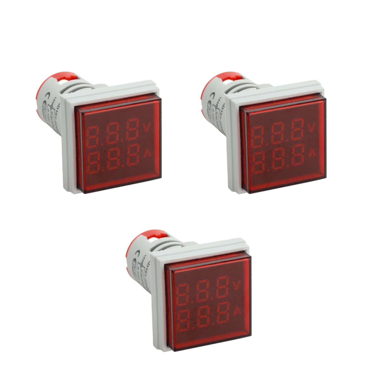 LED Voltage Display Panel Mount Volt Amp Meter, AD101-22VAMS 22mm Square Voltmeter and Ammeter, AC50-500V Voltage and 0-100A Current Meter, Red (3 Pack)