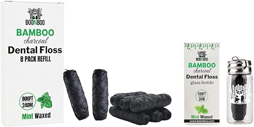 BOONBOO Hilo dental  Dispensador de fibra tejida de bambú de 100 pies98.4 ft + 6 piezas de 100 pies  Sabor menta  Botella de vidrio recargable  Hilo