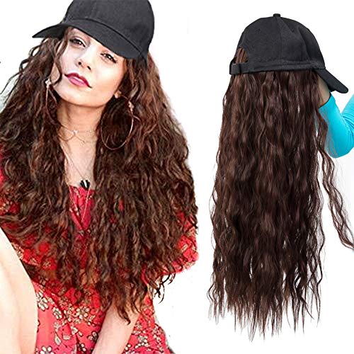 FOCUSSEXY Long Curly Straight Baseball Hat with Hair Synthetic Hair Extensions with Adjustable Baseball Hat Hair Pieces for Women
