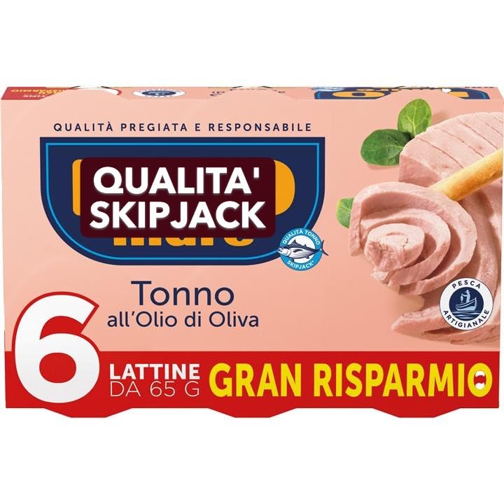 Tonno All'Olio Di Oliva Qualità Pregiata SkipJack, 8 Confezioni Da 6 lattine x 65 Gr, Scad.2029