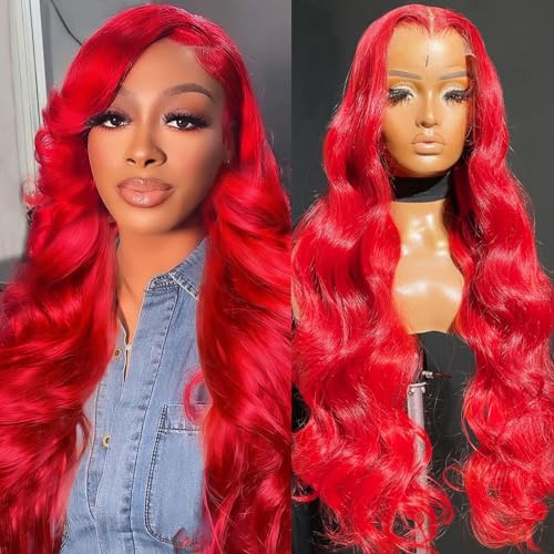 AAY 26 Inch Red Human Hair Wig 200 Density Body Wave HD Transparent Lace Front Wigs Human Hair Pre Plucked with Baby 13x4 Lace Frontal Wigs for Women Red Body Wave Glueless Wig