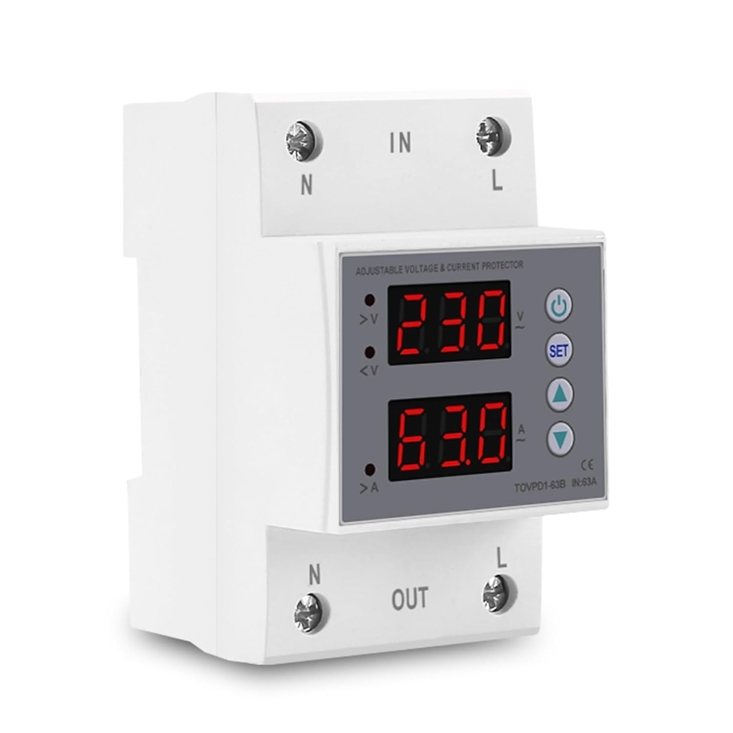 63A Din Rail 230V Adjustable Over and Under Voltage Protective Device Protector Relay Monitor 3P 54m 1Pcs