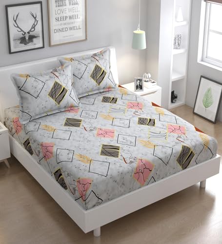 Image of Fitzy 280 TC Fitted Bedsheet King Size, Elastic Bedsheet, 72x78 + 10 Inches Drop,with 2 Pillow Covers (White Cube)