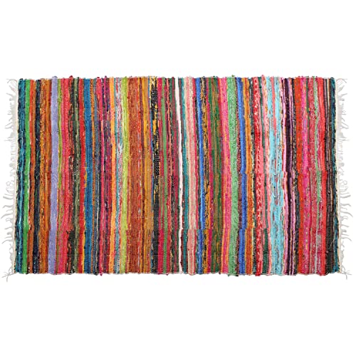 India Artistic Multi Color Chindi Rag Rug 4X6' | Hand Woven Rug & Reversible Rug | Recycled Cotton Chindi Rug for Living Room Kitchen | Rustic Rug | Cotton Rug | Runner Rugs (Natural Colour)