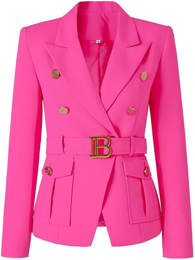 Women Classic Golden Buttons Work Office Elegant White Black Pink Women Pocket Formal Blazers with Blet