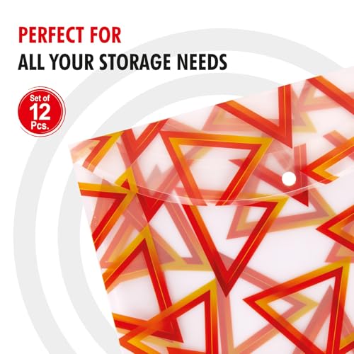 Image of Polen 12 Pcs Button File Folder with 18 Microns Poly Plastic Folder, Button Bag, HD Printed, Snap Button with Back Fold Sealing for Extra Strength, Size FS, Triangle Print.(Multicolor)