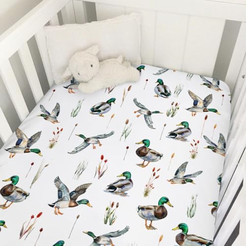 Image of Mallard Duck Hunting Baby Crib Mattress Sheet 52''x28'' Baby Duck Hunting Nursery Decor Snug Fitted Sheet for Standard Crib Toddler Mattress
