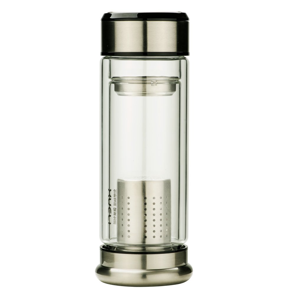 New Arrival Fashion creative water bottle fasion glass 270ml boiler with stainless steel strainer tea infuser and activated carbon FD-617