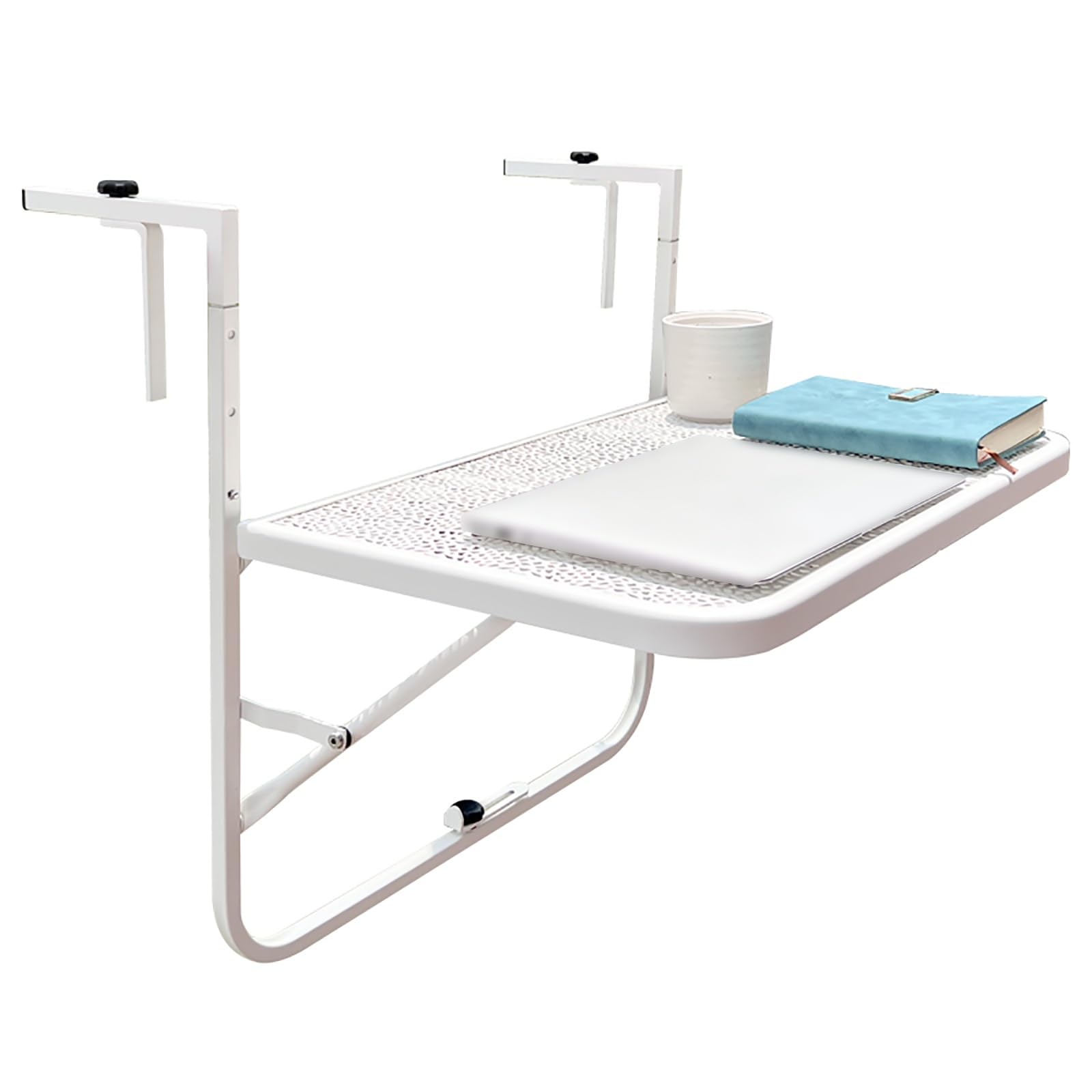 Mesa colgante plegable de altura ajustable para balcón, porche, jardín, balcón, barandilla de metal (blanco)