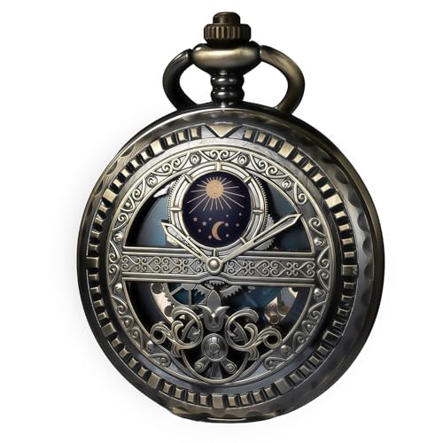 Reloj de bolsillo mecánico con grabado de sol y luna y elegante colgante esqueleto