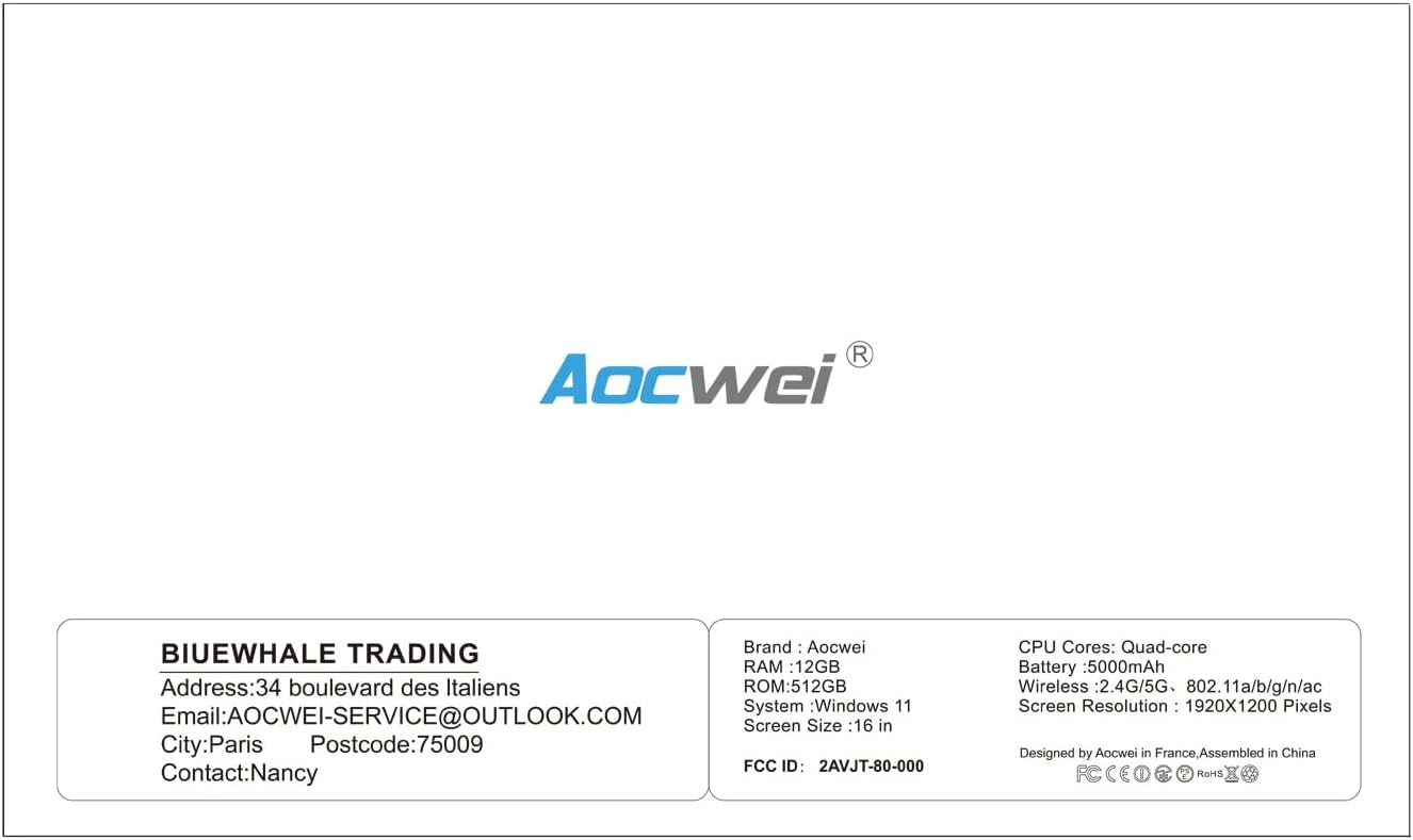 AOCWEI 16 PC Portatile 12+512GB Nuova CPU N5095 (fino a 2.9Ghz) 4-Core Windows 11 Laptop con Ventola di Raffreddamento 1920 * 1200 2K Schermo Doppio Supporto WIFI 2.5 HDD 1TB SSD Espansione-Blu