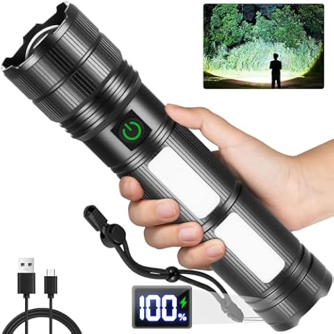 Large Size & High Powered Flashlight, Flashlights High Lumens 1000000, Super Bright Flashlight, Rechargeable Flashlights LED, Adjustable Tactical Flashlight, Waterproof Flash Light for Home Emergency Cover