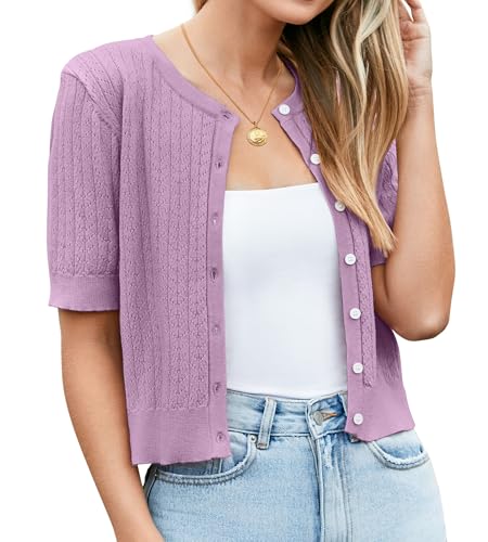 Image of Newshows Womens Cropped Cardigan Sweaters 2026 Spring Lightweight Short Sleeve Bolero Shrug Hollow Out Button Down Tops