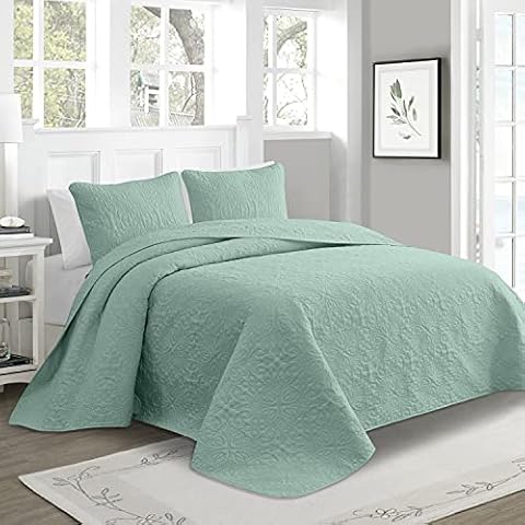PHRIXUS Oversized Bedspread Coverlet Quilt Set Soft Light Weight Thin Comforter for All Season Luxury Embossed Solid Bedding Cover 3 Piece Reversible Set, King / Cal King, Seafoam Green Cover