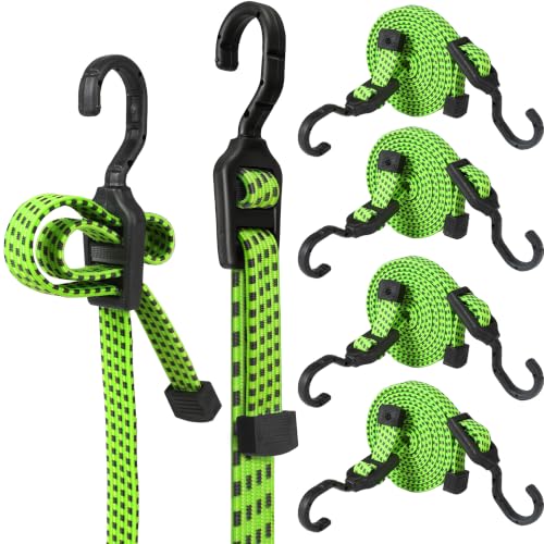 Image of 4 Pcs 40 Inch Flat Adjustable Bungee Cords with Hooks - Heavy-Duty 4-Latch, Dual-End Adjustable Elastic Bungee Straps for Cargo, Truck, Bike, Camping & Outdoor Tie-Down, Green