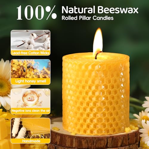 Image of Beeswax Pillar Candles,Non-Toxic Honeycomb Bees Wax Candle for Home,Yellow | 2.8x3 inch,3 Pack,72 H long clean Burning,100% Pure,natural unscented, smokeless,candle for home,emergency,prayer,dinner