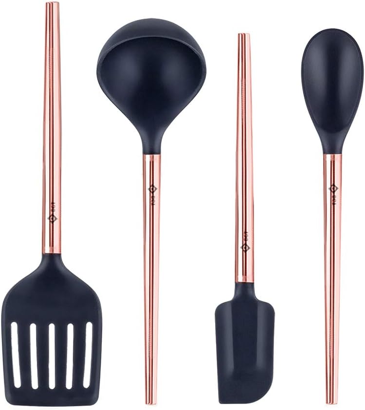 BGT 4 pcs Silicone Kitchen Utensils Set Black with Copper Coated Stainless Steel Handle for Cooking and Serving - Kitchen Tools- BPA Free