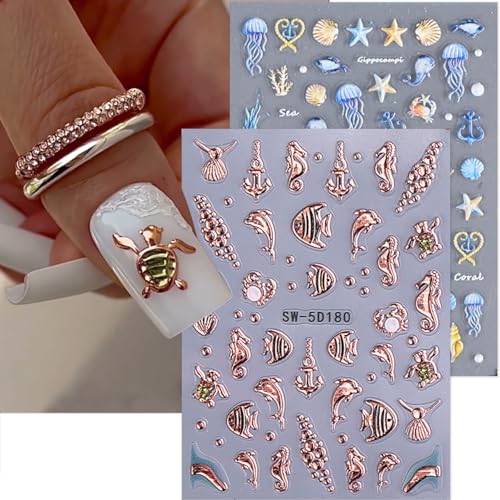 Auiremrti 2 piezas pegatinas de arte de uñas de verano, tema oceánico, pegatinas de uñas, diseño de uñas con adhesivo automotriz, accesorios para uñas azul-dorado para mujeres