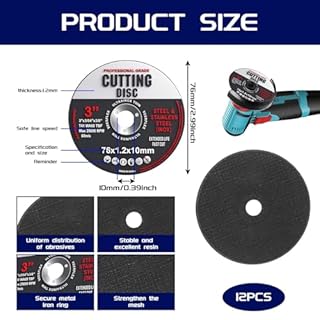 12 dischi da taglio da 76 mm per smerigliatrice angolare, 1,2 mm di spessore, dischi da taglio ad alta velocità, per metallo e legno, dischi abrasivi non distruttivi con foro da 10 mm per mini