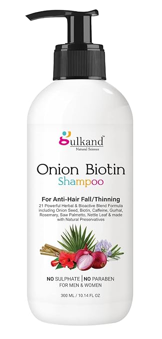Gulkand Onion Biotin Shampoo with 21 Herbal & Bioactive Blend Formula including Onion Seed, Biotin, Caffeine, Gurhal, Rosemary, Saw Palmetto, Nettle Leaf & made with Natural Preservatives- 300 ML
