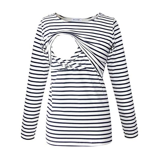 Smallshow T-Shirt d'allaitement maternité à Manches Longues pour Femmes, vêtements d'allaitement White Stripe L