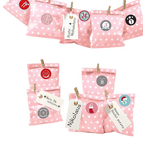 Frau WUNDERVoll® DIY Adventskalender zum Befüllen Bescherung, rosa - weiße Sterne Papiertüten 13x16,5cm, Ziffern bunt pastell/Weihnachten Aufkleber Advent Kalender Kinder Geschenkbeutel