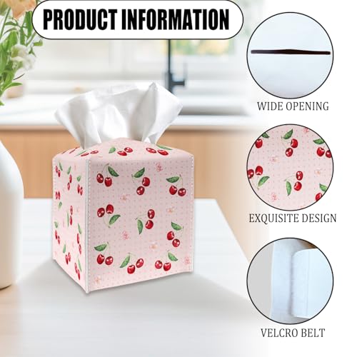 Tissue Box Cover Holder - Pink Polka Dot PU Leather Tissue Box Cover with Bottom Belt, Cherries and Blossom Square Facial Paper Dispenser for Tabletop, Bathroom, Kitchen, Car & Office -037 by ZEDEV - Used condition - Image 2