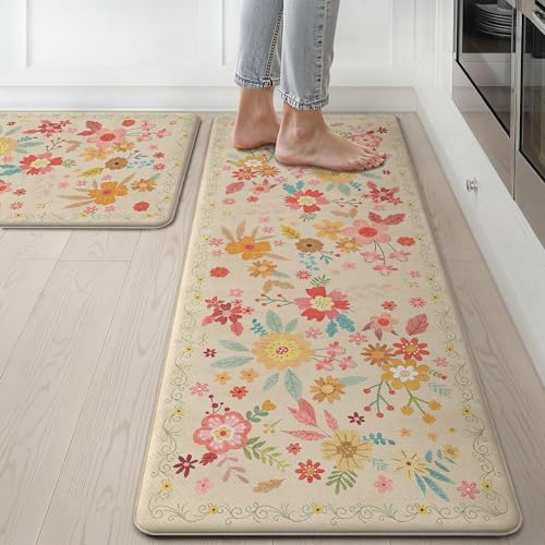 GENIMO Kitchen Mats for Floor 2PCS, Cushioned Kitchen Rugs Non Slip Washable, Farmhouse Anti Fatigue Mat Waterproof, Comfort Standing Mat Rug for Office, Home, Laundry, 17.3
