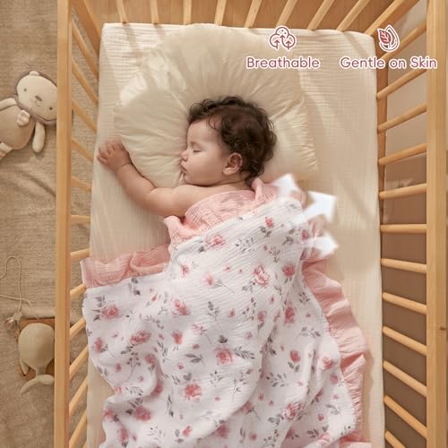 Image of david's kids Flounce Muslin Baby Blanket for Girls Boys, 100% Cotton Soft Crib Swaddle Blankets, Reversible & Breathable Nursery Bedding for Newborns Toddlers, 47 x 47 Inches (Floral)