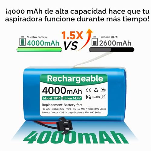 Miniatura 4 de Mspalocell 4000 Mah 14,4v Batería Para Venga Rvc 3000,Conga 990 1090 1790,Conga 2290 Ultra,Neatsvor X500,Ikonhs Netbot S14 S15,Proscenic 850t,Ultenic D5 D5s,Tesvor S6 X500,Eufy Robovac 11s 30c G10