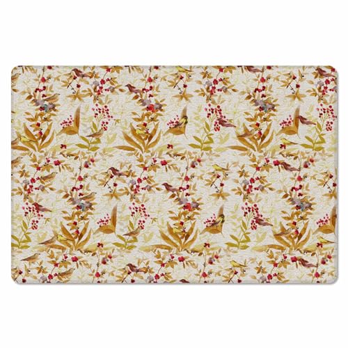 Retro Leaves Kitchen Bath Door Mat Cushioned Runner Rug,Washable Welcome Floor Sink Antifatigue Mat,Waterproof & Non-Slip Comfort Standing Doormat,Botanical Leaves Flower Animal Birds 18