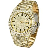 DAXIAOYU Men's Iced Out Watch 42mm Analog Quartz Watches with Rhinestone Inlay Zinc Alloy Bracelet Hip Hop Bling Luxury Wristwatch with Date Display (Golden)