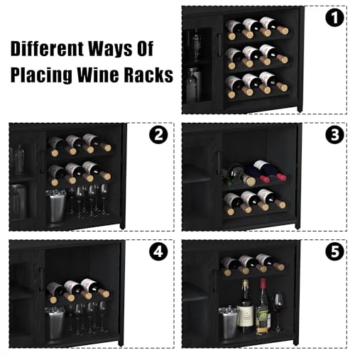 Image of Vintage Industrial Wine Bar Cabinet with Adjustable Wine Racks and Glass Holders, Mesh Door Sideboard Storage Cabinet for Living Room, Kitchen, Dining Room, Compact Design, Easy Assembly,Black