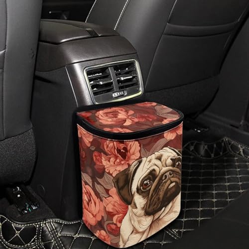 Image of Talayituse Pug Dog Flower Print Car Trash Can with Adjustable Straps, Foldable Car Trash Bag Bin Car Garbage Bag Multipurpose Storage Box for Vehicle Travel Camping Picnicing