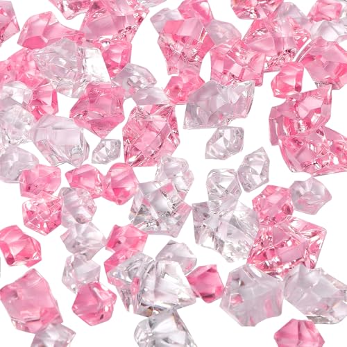 Vxcvzv 200pcs Reusable Plastic Ice Cubes Vase Fillers,11x14mm/0.43x0.55in Plastic Glass Beads for Home Decor Party Weddings Photography Accessories (Pink+Clear)