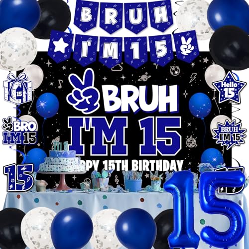 Image of 15th Birthday Decorations for Boys and Girls, Blue and Black Happy 15th Birthday Party Decorations, Bruh I'm 15 Backdrop, Foil Balloons 15, Banner, Balloons, Hanging Swirls, Birthday Card Set 41pcs