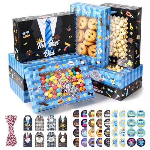FCKLVMC 12 Pcs Fathers Day Gift Boxes Bulk with Windows , 2 Styles Fathers Day Treat Boxes for Treats With Gift Card and Sticker, Fathers Day Gift Boxe for Happy Father Day Party Supplies (20*30*6.3cm)