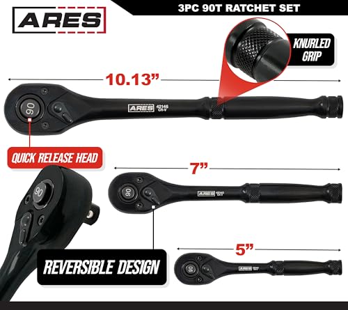 Image of ARES 42143-3-Piece 90 Tooth Ratchet & Socket Set, 1 /4, 3 /8, 1 /2 Drive | Chrome Vanadium Steel, Black Oxide Finish, Quick Release, Reversible, 4 Degree Swing, SAE Automotive Mechanic Tool Kit