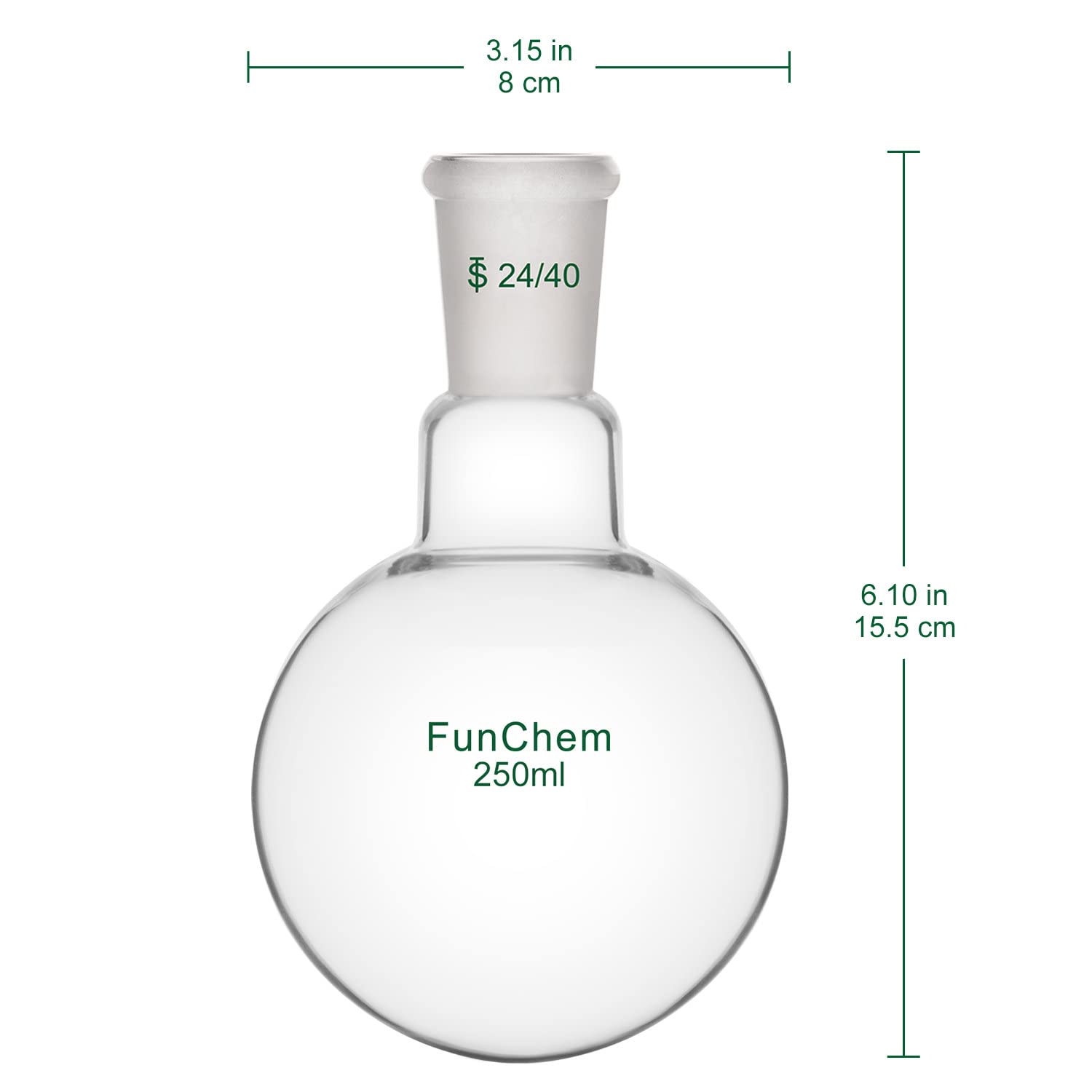 FunChem Single Neck 1 Neck Round Bottom Flask RBF, Glass Boiling Flask with 24/40 Standard Taper Outer Joint, 250 ml