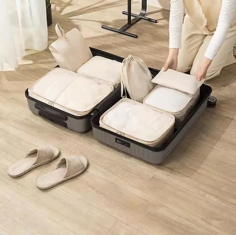 Kit Organizador de Malas Para Viagem Conjunto Organizador de Bagagem 7 Peças Bolsa Organizadora Para Roupas Acessórios Sapato Estojo de Maquiagem Cosméticos (Creme)