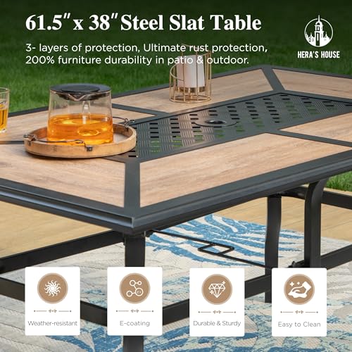 Image of HERA'S HOUSE Outdoor Dining Table for 6, Long Metal Table w /Umbrella Hole