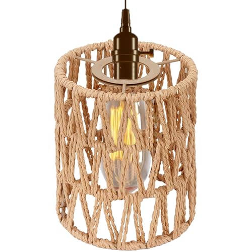 Handwoven Boho Rattan Lampshade, 5.9" H x 4.72" D, Natural Brown Round Shade for Bedroom, Living Room, Dining Room, Pendant, Wall Sconces, Floor Lamps