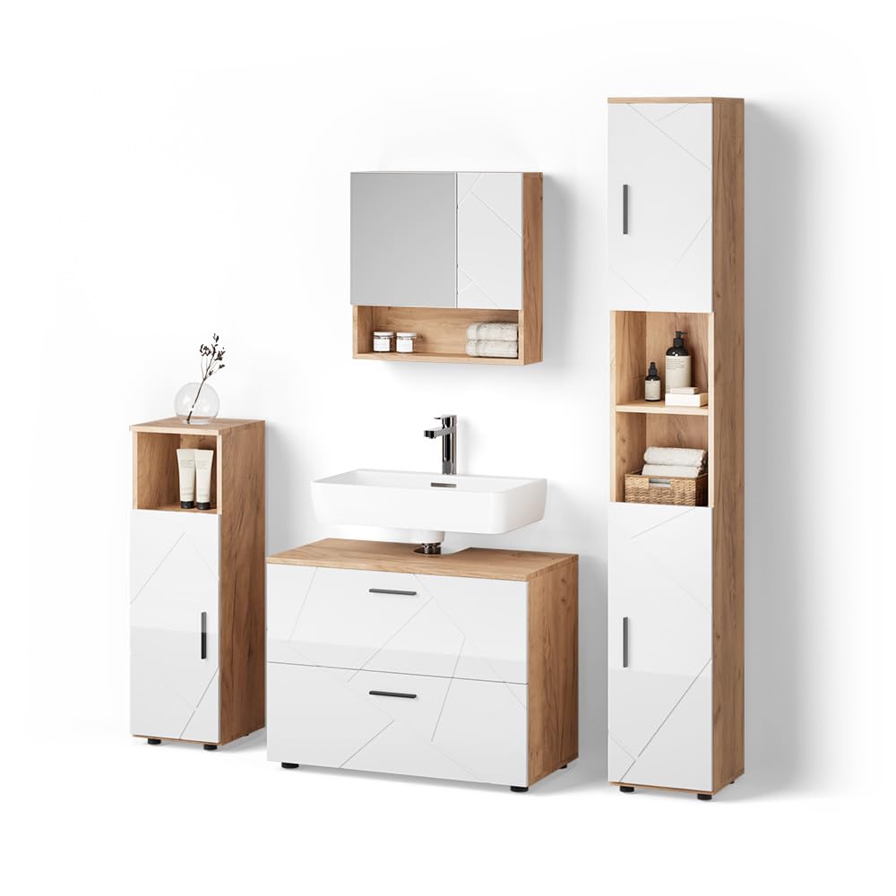 Livinity Set di mobili da bagno Ronco, Bianco lucido/oro power oak, 4 parti, con cassettiera e colonna