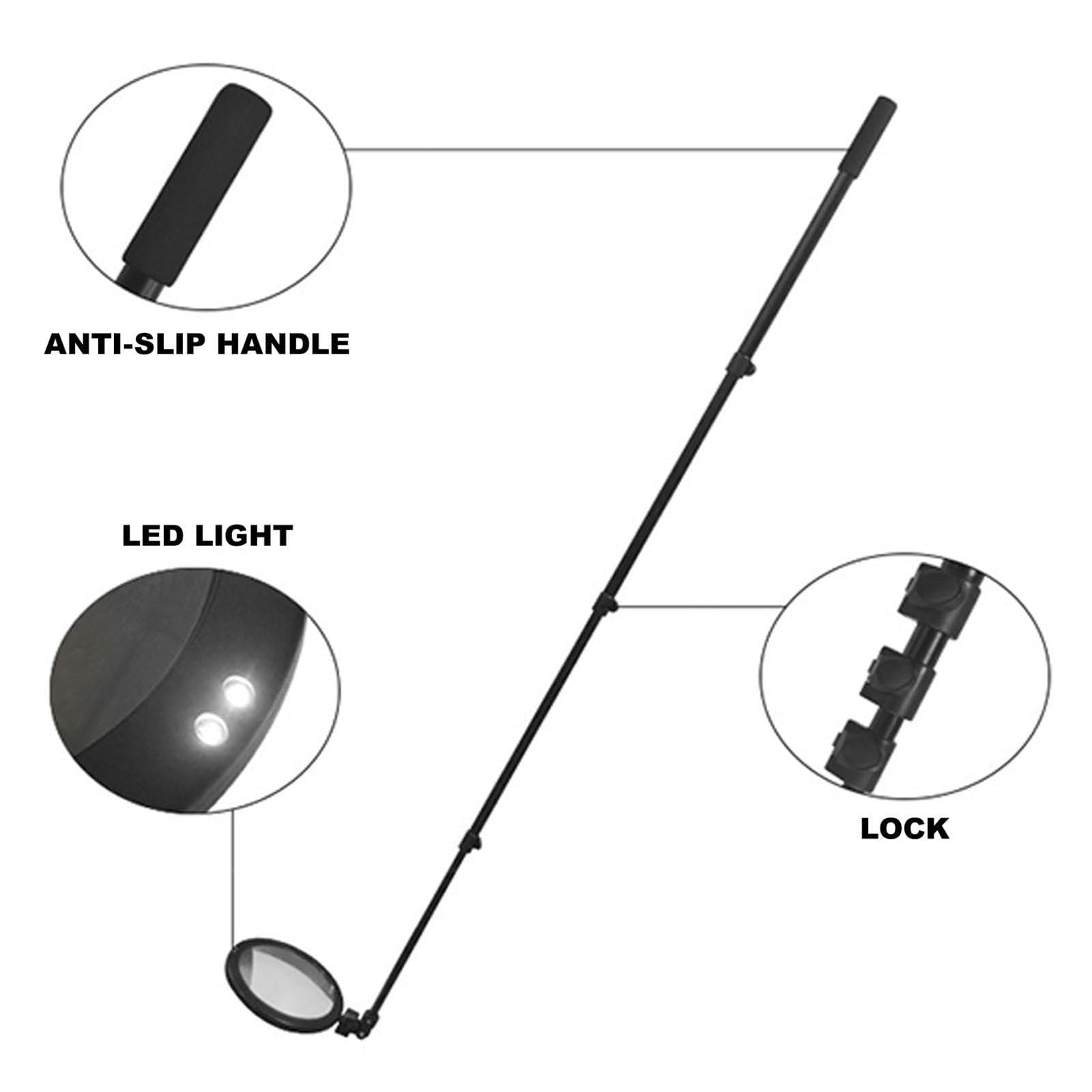 Espejo De Inspección para Vehículos, 2 Espejos De Seguridad Redondos De Acrílico con Ruedas Y Luz Led, Varilla Ajustable De 52 A 160 Cm.