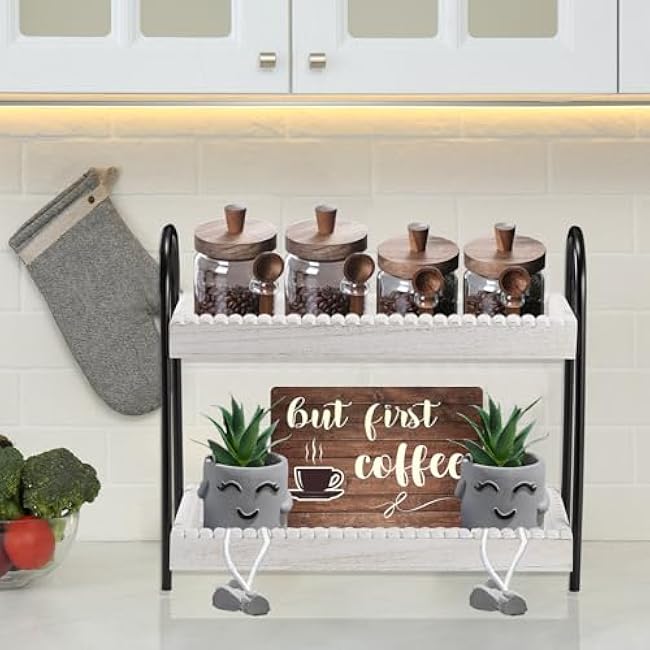 Rustic 2 Tier Wood Coffee Bar Organizer