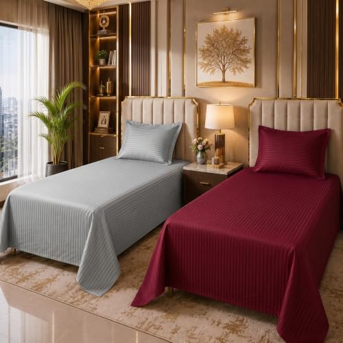 Image of Mafatlal 210 TC Italian Stripe Single Bedsheet Set with Pillow Cover (60 x 90 Inches) | 100% Cotton | Hotel Collection | Soft Breathable Flat Bed Sheet | Grey N Maroon