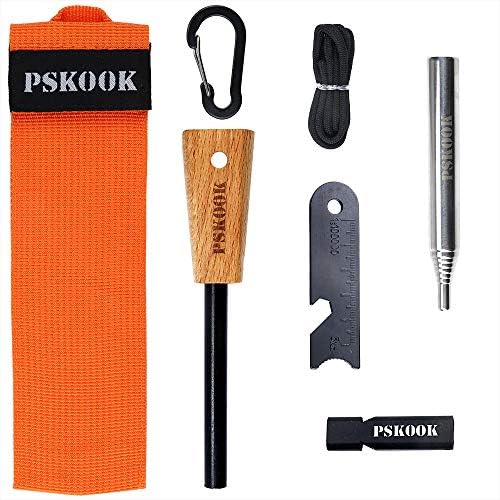 PSKOOK FLYWOLF Survival Fire Starter Kit Premium Magnesium Ferrocium Rod Firesteel - Includes Flint Striker Multi Tool & Wooden Handle, Fire Bellows, Double Tube Whistle Essential Camping