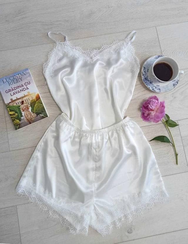 Image of Women's Satin Pajama Set with Lace Trim Camisole Top and Shorts Sleepwear Set Pack of2-1top 1nikkar